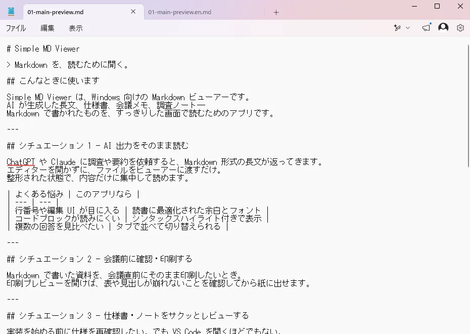 メモ帳で.mdファイルを開いた構文表示。見出しの#や表の|など、Markdownの記号がそのまま表示されている