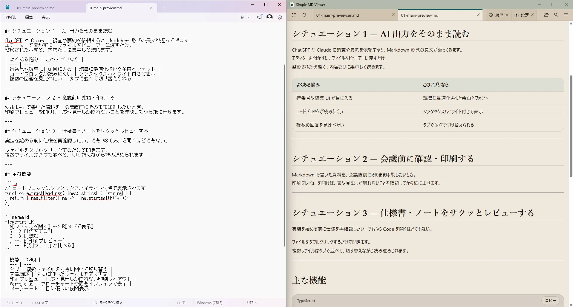 同じ.mdファイルを、左のメモ帳の構文表示と右のSimple MD Viewerで開いた比較。ビューアー側では見出し・表・コードなどが読みやすく整形されている